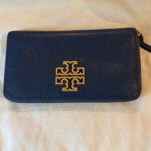 Tory Burch Navy Blue Leather Zip Wallet with Gold Logo